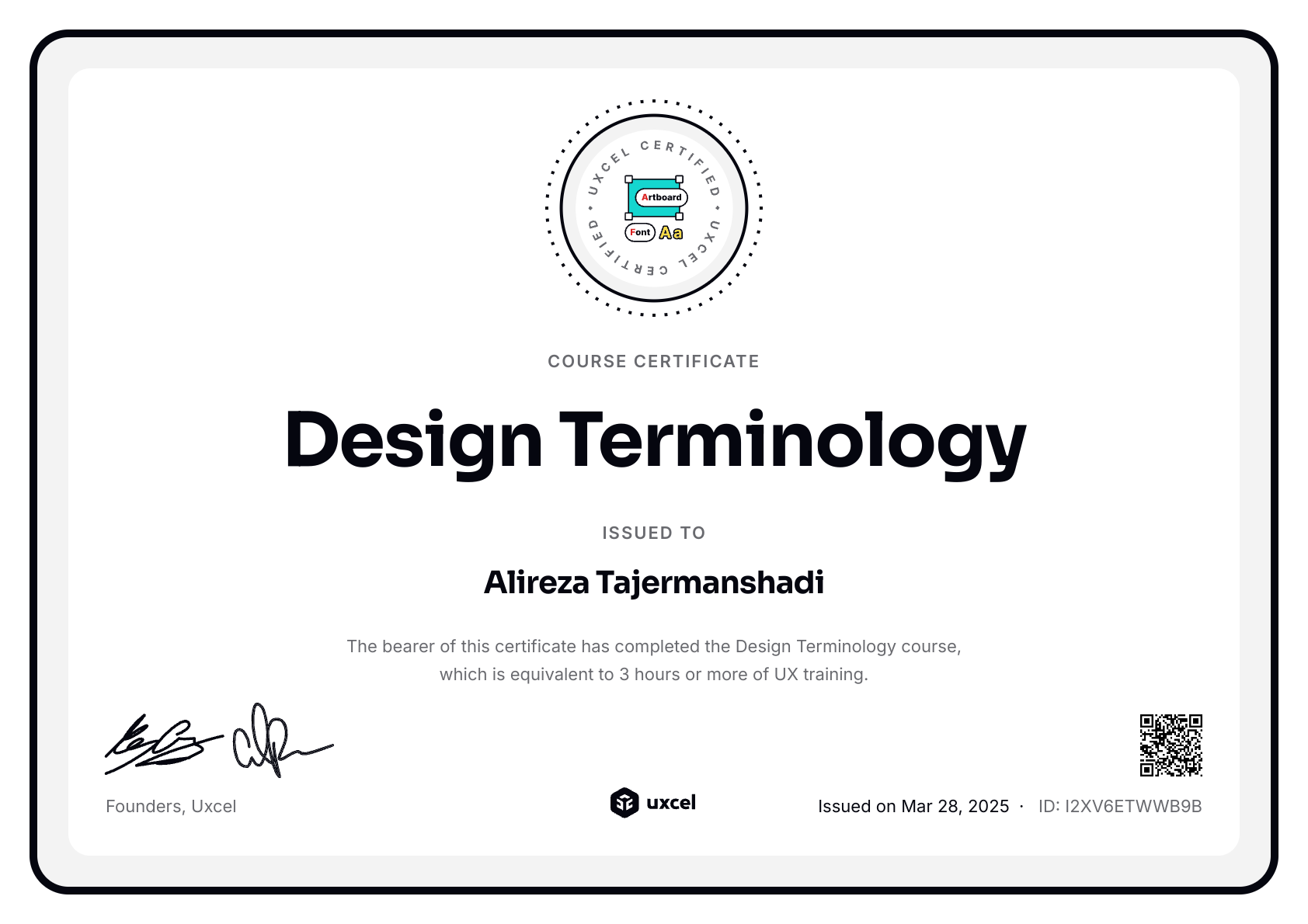 Alireza Tajermanshadi's certificate